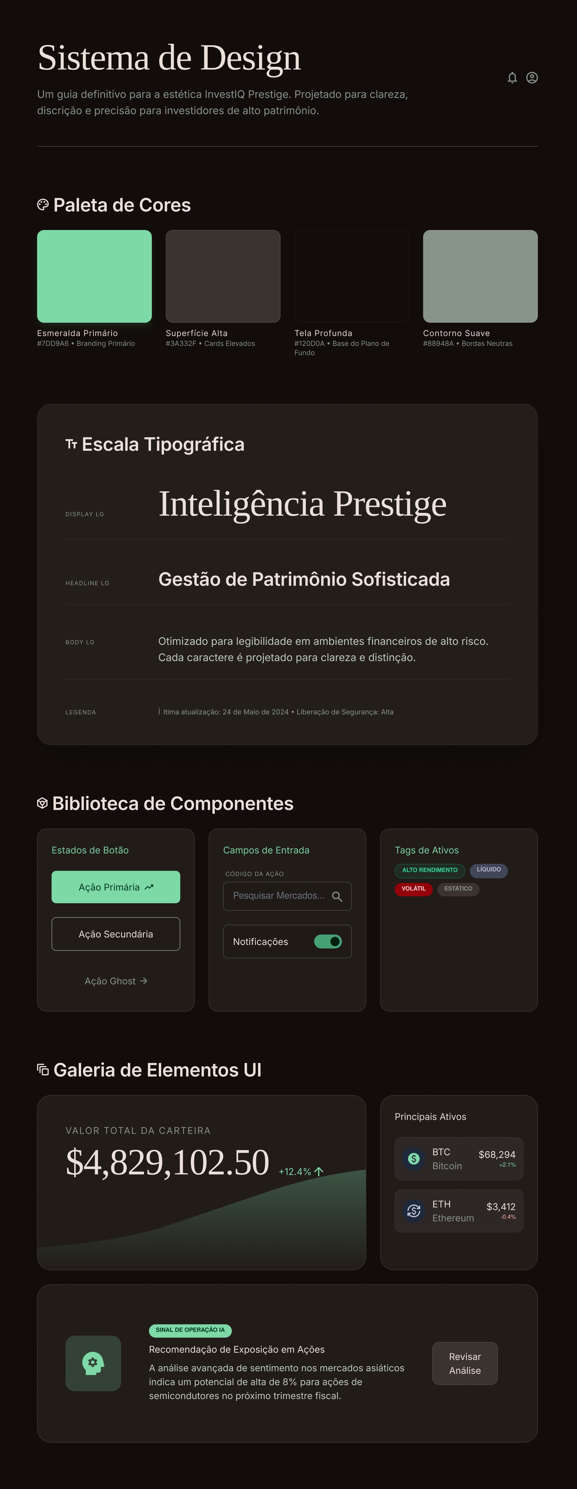 InvestIQ Design System — paleta de cores, tipografia, componentes